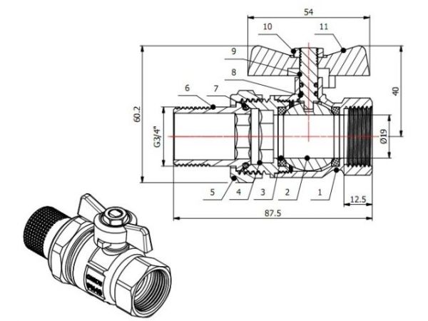 Кран шаровый 3/4' нар.-вн. бабочка (со сгоном) PN40, AV Engineering(Латунь, макс.  40 бар, макс.  110 °С)