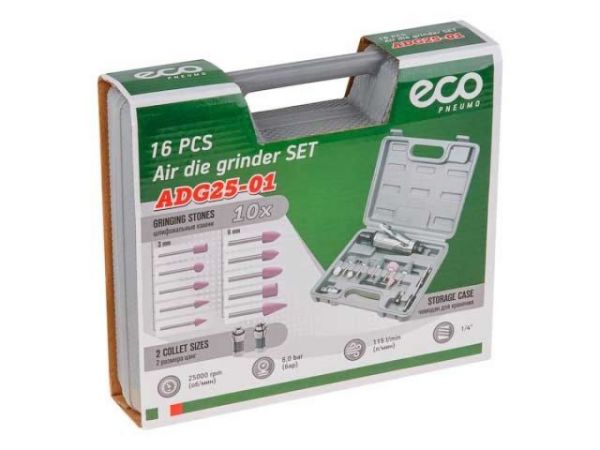 Пневмошлифмашина прямая ECO ADG25-01 с набором шарошек(25000 об/мин; 115 л/мин; Цанги:3 мм/6 мм; 10 шлифкамней; Чемодан)