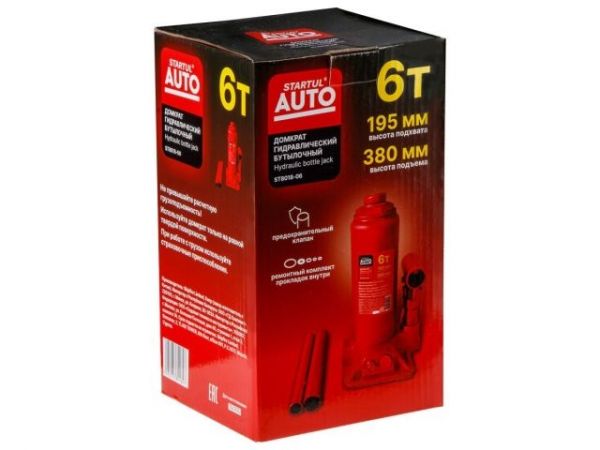 Домкрат гидравлический 6т бутылочный 195-380мм STARTUL AUTO (ST8018-06)(h min 195мм, h max 380мм)