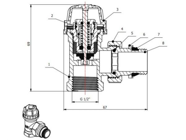 Кран вентильный угловой 1/2' вн.-нар. для радиатора под термоголову, AV Engineering(Латунь, макс.  16 бар, макс.  110 °С, M30x1.5, Подача)
