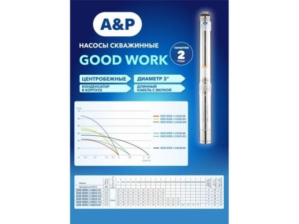 Насос скважинный центробежный GOOD WORK 3-2700/31-3/11 A&P(370 Вт, 3,6 м3/ч, 44м, 3' / 7,62 см)