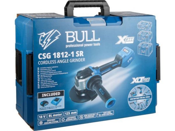 Углошлифмашина BULL CSG 1812-1 SR Xcase XLTpro 1x4 Ач БЕСЩЕТ, 125 мм, рег. об., 10 000 об/мин(Безредукторный тип, плав пуск, конст. эл., защита от перегруз. и перегрев.)