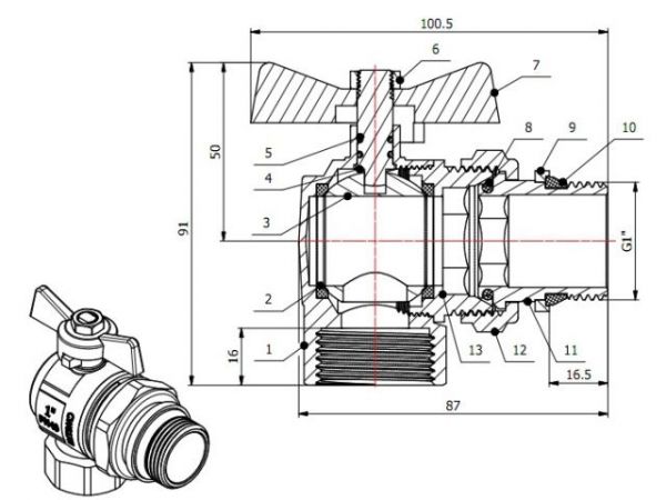 Кран шаровый угловой 1' нар.-вн. бабочка (со сгоном) PN40, AV Engineering(с уплотнительным кольцом)
