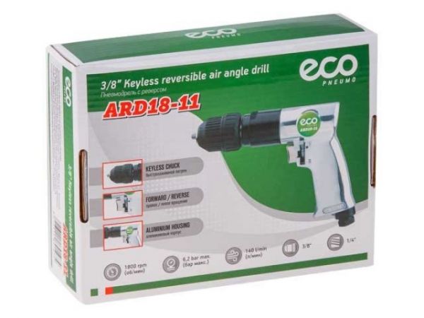 Пневмодрель с реверсом ECO ARD18-11(Быстрозажим.патрон 3/8''-24 UNF, 140 л/мин, 1800 об/мин, дерево/металл: 20/10 мм;)