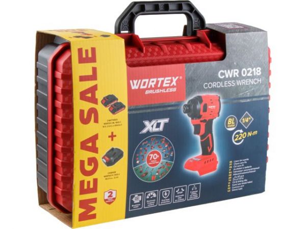 Ударный гайковерт/винтоверт WORTEX CWR 0218 в чем. XLT 2x2 А*ч, БЕСЩЕТ., 18 В, 220 Н*м(внутр. шестигр. 1/4', вес 0,92 кг)