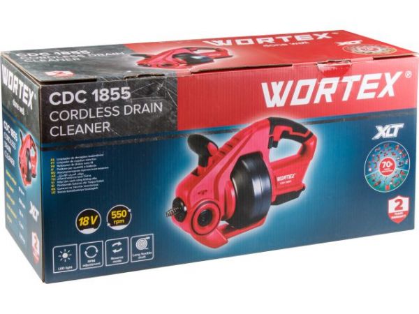 Прочистная машина WORTEX CDC 1855 в кор. ALL1 XLT SET 0-550 об/мин, трос 7,6 м. (С АКБ (2 Ач) и З/У в комплекте)