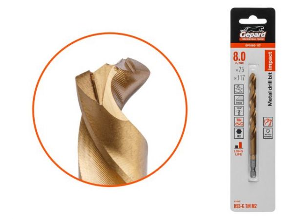 Сверло по металлу шестигр. 8.0х75х117 мм HSS-G TIN GEPARD(многогранная заточка)