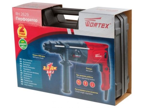 Перфоратор WORTEX RH 2629 в чем. + (2 зубила, 3 сверла) 800 Вт, 3.0 Дж, 26 мм, 4 режима, SDS-plus, Б(вес 3.1 кг)