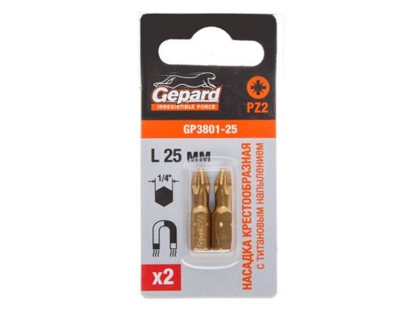 Насадка крестообразная PZ2 25мм  2шт с титановым напылением GEPARD (GP3801-25)(бита Pozidrive позидрив сталь S2 магнитная TIN покрытие)