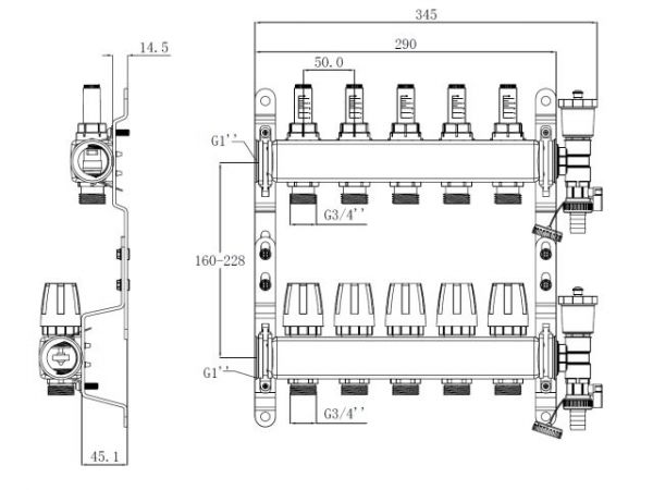 Коллекторная группа AVE136, 5 вых. AV Engineering(PRO серия Для теплого пола и водоснабжения)