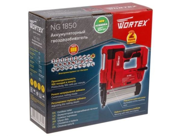 Гвоздезабиватель WORTEX NG 1850 в кор. ALL1 XLT SOLO, 18 В, 15-50 мм, 100 в мин., 100 шт. (тип гвоздей: 18GA)