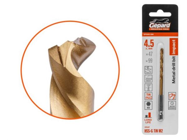 Сверло по металлу шестигр. 4.5х47х99 мм HSS-G TIN GEPARD(многогранная заточка)