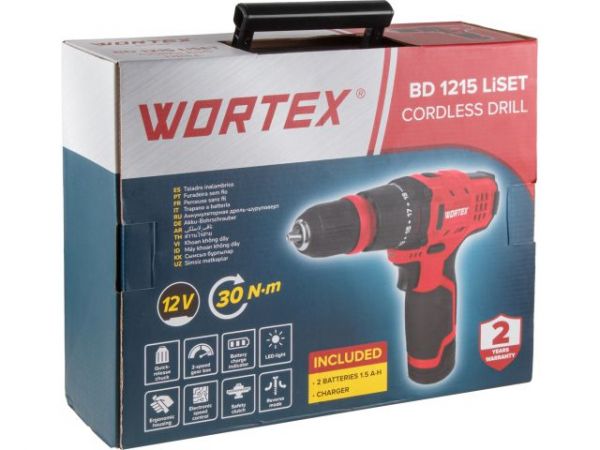 Дрель-шуруповерт WORTEX BD 1215 LiSET в чем. 12 В, 30 Н*м, 2х1.5 А*ч, БЗП 10 мм(Быстросъемный патрон, шурупы до 6 мм)