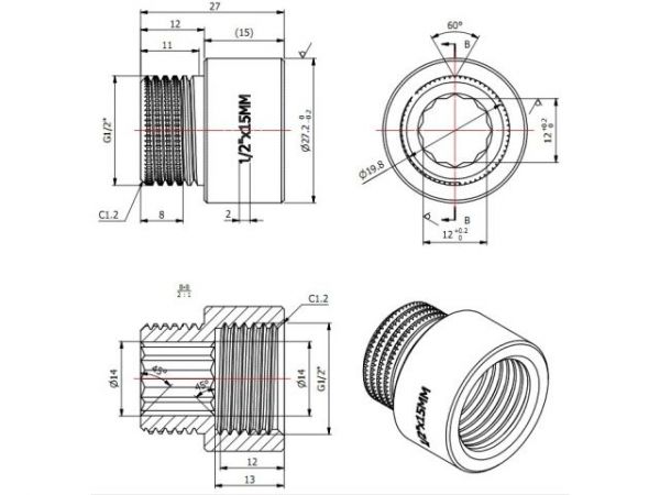 Удлинитель 1/2' вн.-нар. х 15 мм, AV Engineering (инд. упак.)(Латунь, макс.  16 бар, макс.  110 °С)