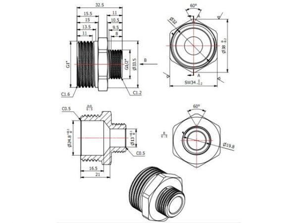 Ниппель ред. 1' нар. х 1/2' нар., AV Engineering (инд. упак.)(Латунь, макс.  16 бар, макс.  100 °С)