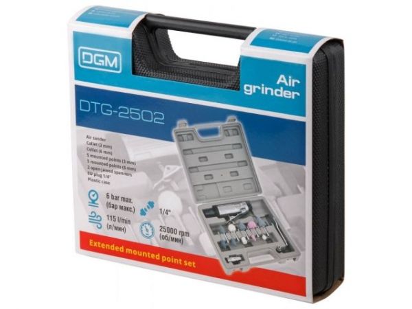 Пневмошлифмашина прямая DGM DTG-2502  с набором шарошек(25000 об/мин; 115 л/мин; Цанги:3 мм/6 мм; 10 шлифкамней; Чемодан)