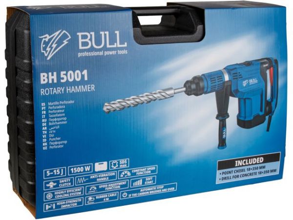Перфоратор BULL BH 5001 в чем. 1500 Вт, 5-15 Дж, 50 мм, 2 реж. + 1 зуб., 1 сверло, SDS-max, рег. об. (Рег. об., конст. элек., плав. пуск, автостоп щеток, защит. муфта)