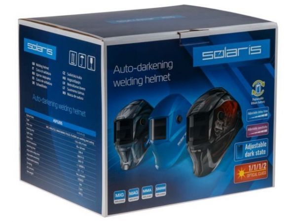 Щиток сварщика с самозатемняющимся светофильтром Solaris ASF520S (синий)(1/1/1/2; 95x43 мм (40,9 см2); DIN 4/9-13 (регул); шлифовка; рег.чувств.+задержки; сменная батарея)