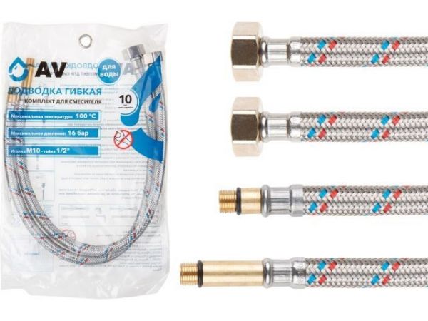 Подводка гибкая, SUS, иголка м10 - гайка 1/2' 50 см (пара) AV Engineering(16 Bar, 100°С, в пакете)