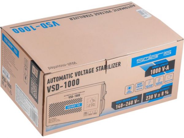 Стабилизатор напряжения Solaris VSD-1000(1000 В*А; 140-260 В; 2 розетки; настенный монтаж)