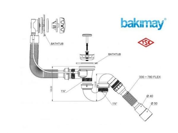 Сифон для ванны автомат U-образный с выпуском и переливом (Lt), с гибкой трубой 40х40/50, BAKIMAY