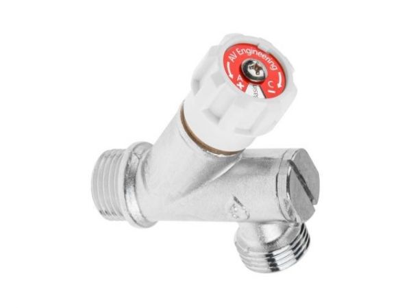 Кран вентильный угловой 1/2' нар.-нар. установочный ХРОМ с фильтром, AV Engineering(Латунь, макс.  16 бар, макс.  110 °С)