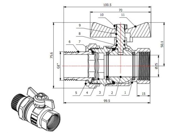 Кран шаровый 1' нар.-вн. бабочка (со сгоном) PN40, AV Engineering(Латунь, макс.  40 бар, макс.  110 °С)
