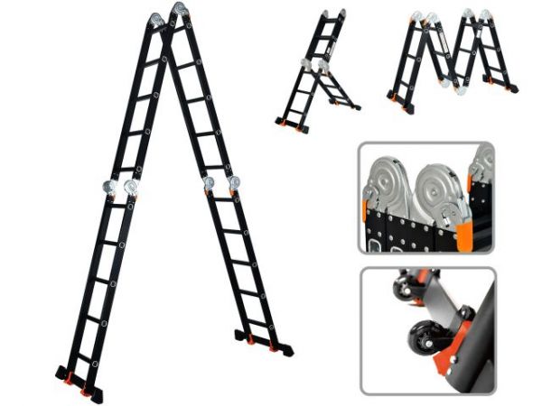 Лестница алюм. многофункц.4х5 ступ.(стрем.-283см,лестн.-580см) 15,5кг BLACK LINE STARTUL (ST9930-05)(усиленное шарнирное соединение, прорезиненные колеса и доп.стабилизаторы)