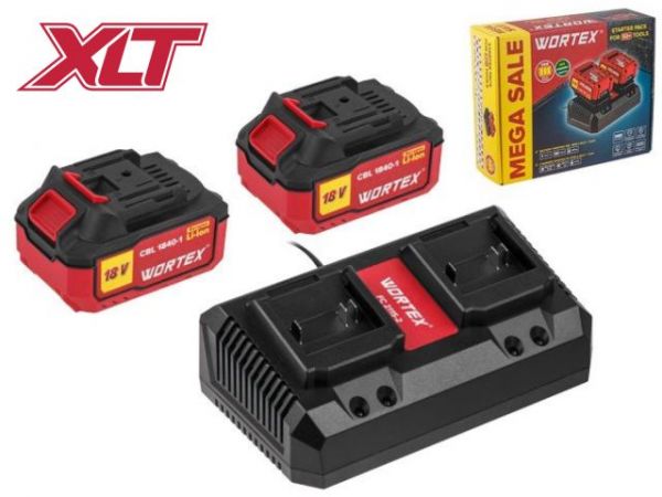 Набор аккумулятор 2х4 А*ч и зарядное устройство 2х2 А WORTEX ALL1 XLT в кор. SET(18.0 В, 2x4.0 А*ч, индикатор заряда, обрезиненный корпус, зарядное: 2 слота, 2 А.)
