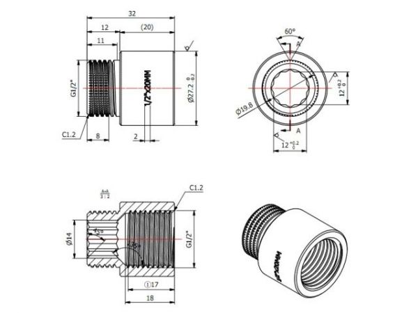 Удлинитель 1/2' вн.-нар. х 20 мм, AV Engineering (инд. упак.)(Латунь, макс.  16 бар, макс.  110 °С)