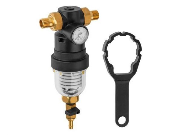 Фильтр самоочищающийся 1/2' нар., с манометром, AV Engineering (инд. упак.)(промывной латунный, фильтр разборный, ступенчатый)