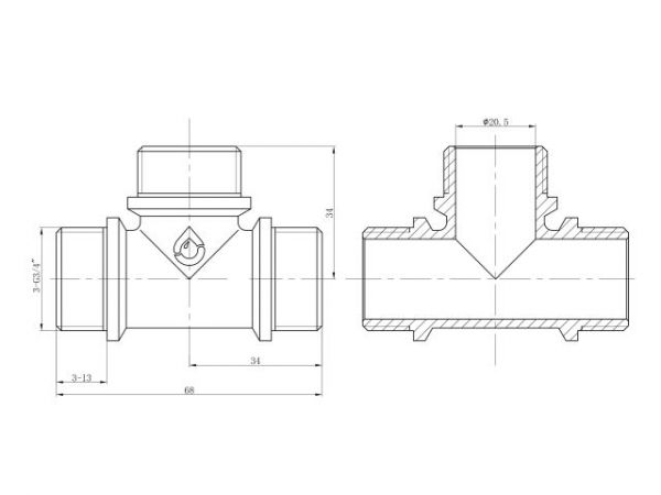 Тройник 3/4' нар.-нар.-нар. с ограничителем, AV Engineering (инд. упак.)(Латунь, макс.  16 бар, макс.  110 °С)