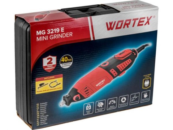 Гравер электрический WORTEX MG 3219 E в чем. +аксессуары 185 вт, 8000-35000 об/мин, цанга 2.4/3.2 мм(в чем.+ 39 аксесс., гибкий вал, держатель, быстрозажимной патрон)