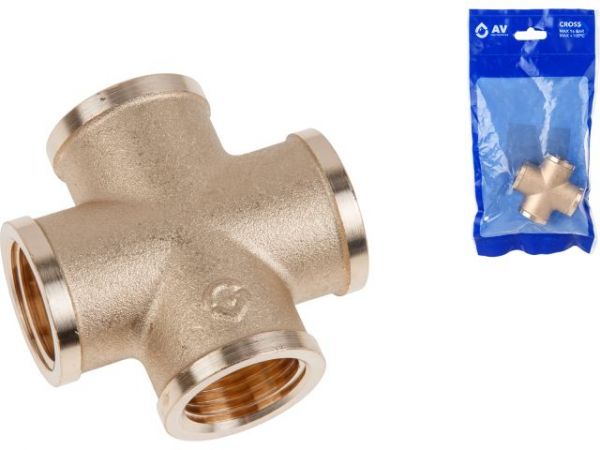 Крестовина 1/2' вн.-вн.-вн.-вн., AV Engineering (инд. упак.)(Латунь, макс.  16 бар, макс.  110 °С)