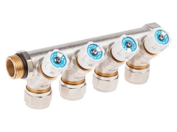 Коллектор с отсекающими вентилями, 3/4' х 4 вых. (16 х 2.0), AV Engineering