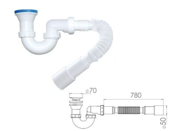 Сифон для душевого поддона U-образный h 130mm, выпуск 70 мм, с гибкой трубой 1 1/2' - 40/50мм, AV