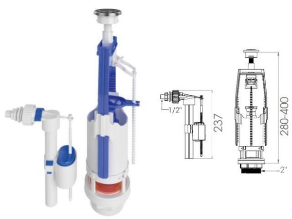 Арматура для смывного бачка универсальная с клапаном боковой подачи, AV Engineering(крепеж из оцинк. металла)