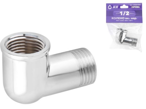 Колено 1/2' вн.-нар. ХРОМ, AV Engineering (инд. упак.)(Латунь, макс.  16 бар, макс.  110 °С)