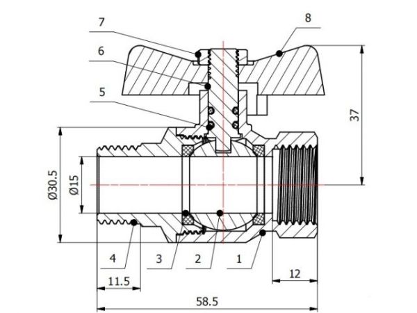 Кран шаровый 1/2' нар.-вн. бабочка PN40, AV Engineering(Латунь, макс.  40 бар, макс.  110 °С)
