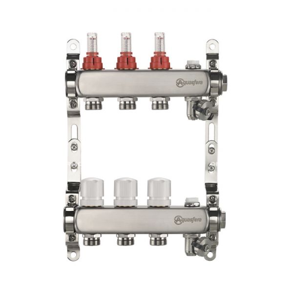 Распределительный коллектор (группа) с расходомерами Aquasfera 9501-03 ВР 1", на 4 контура 3/4" EK, нержавеющая сталь