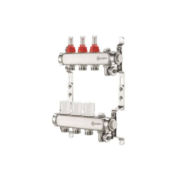 Распределительный коллектор (группа) с расходомерами Aquasfera 9501-04 ВР 1", на 5 контуров 3/4" EK, нержавеющая сталь