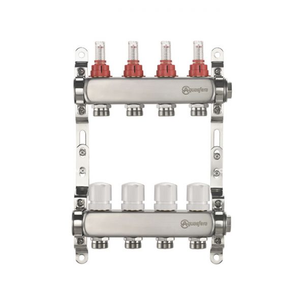 Распределительный коллектор (группа) с расходомерами Aquasfera 9503-09 ВР 1", на 10 контуров 3/4" EK, нержавеющая сталь