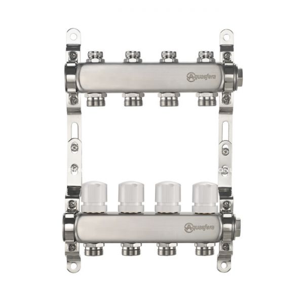 Распределительный коллектор (группа) для отопления Aquasfera 9504-04 ВР 1", на 5 контуров 3/4" EK, нержавеющая сталь