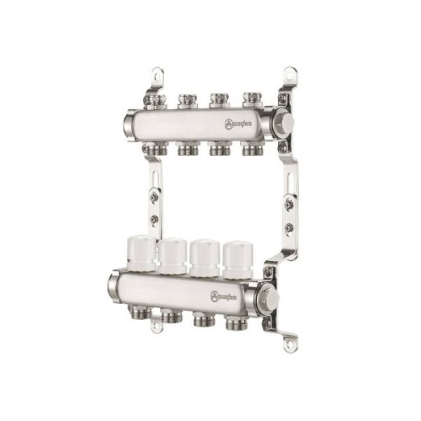 Распределительный коллектор (группа) для отопления Aquasfera 9504-07 ВР 1", на 8 контуров 3/4" EK, нержавеющая сталь
