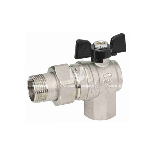 Кран шаровый угловой с разъемным соединением Bugatti Oregon 05940009 1" НР-ВР, 594, полнопроходной, ручка-бабочка