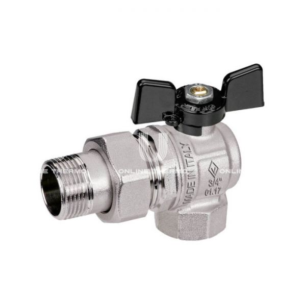 Кран шаровый угловой с разъемным соединением Bugatti New Jersey 09940001 1/2" НР-ВР, 994, полнопроходной, ручка-бабочка