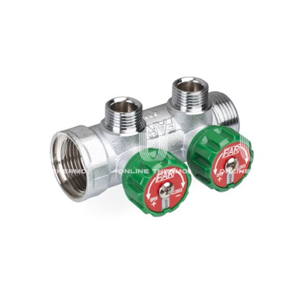 *Регулирующий проходной коллектор FAR FK 3821 134, 1" ВР-НР, на 2 контура  3/4" НР, модульный, конусное соединение