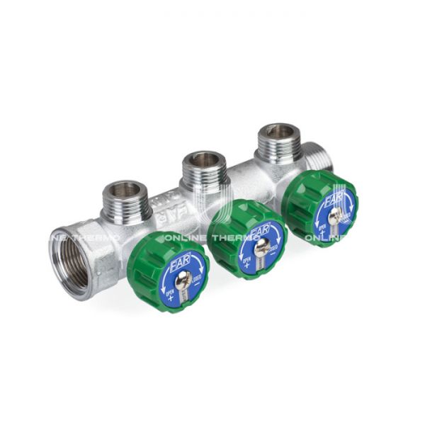 Регулирующий проходной коллектор FAR FK 3822 134TP, 1" ВР-НР, на 3 контура  3/4" НР, модульный, плоское соединение