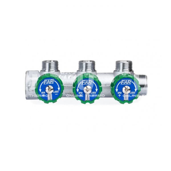 Регулирующий проходной коллектор FAR FK 3822 3412, 3/4" ВР-НР, на 3 контура  1/2" НР, модульный, конусное соединение