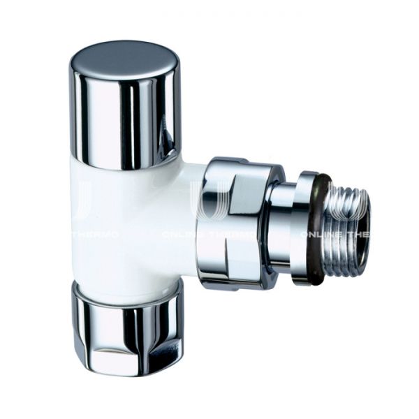 Запорный радиаторный клапан ручной FAR FL 0129 12P, 1/2" М24х19 НР-НГ, угловой, с резьбозажимным фитингом, белый и хром